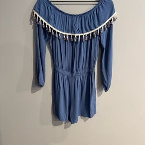 Blue Ruffled Off-Shoulder Romper with Bishop Sleeves
